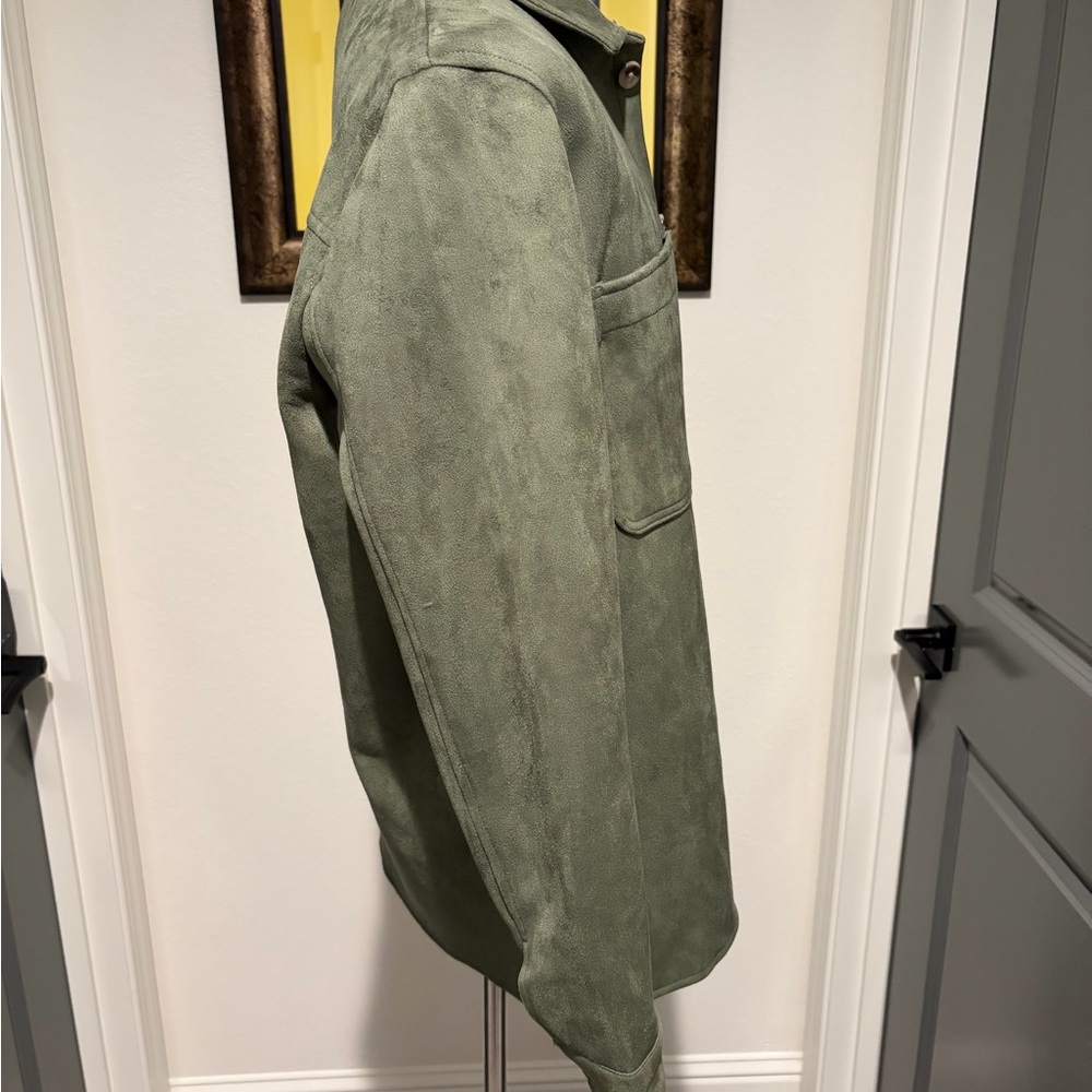 Olive Green Mens Suede Trucker Jacket - Picture 2 of 5